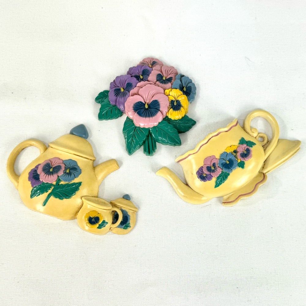 Vintage Burwood floral tea set wall plaques with pansies tea pot and teacup